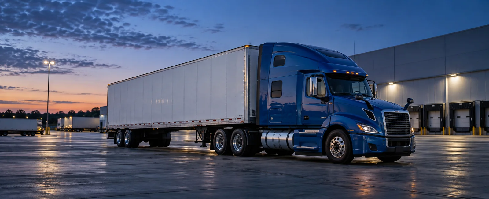 Blue semi truck and dry van trailer at a freight yard at dusk